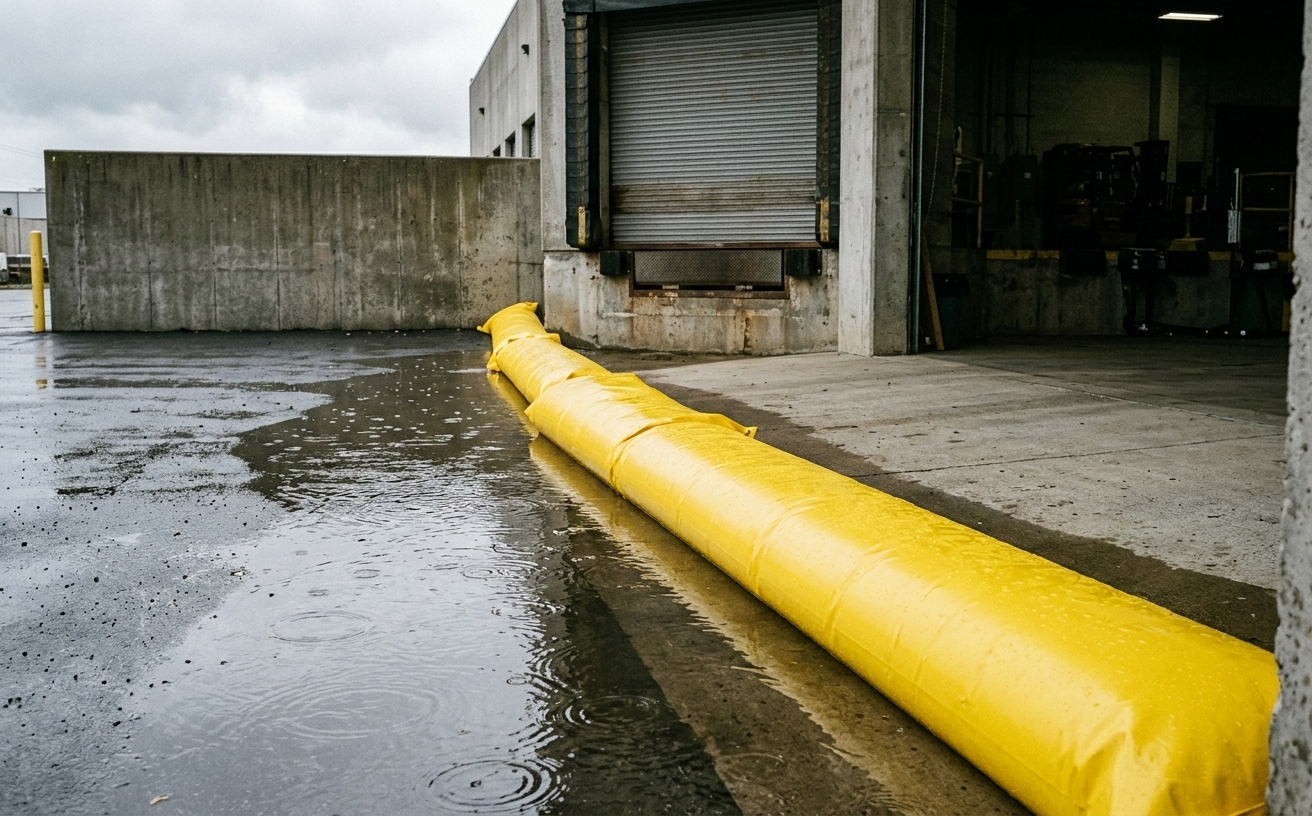 HydraBarrier water-filled flood barrier deployed at a warehouse loading dock, protecting against rising floodwater
