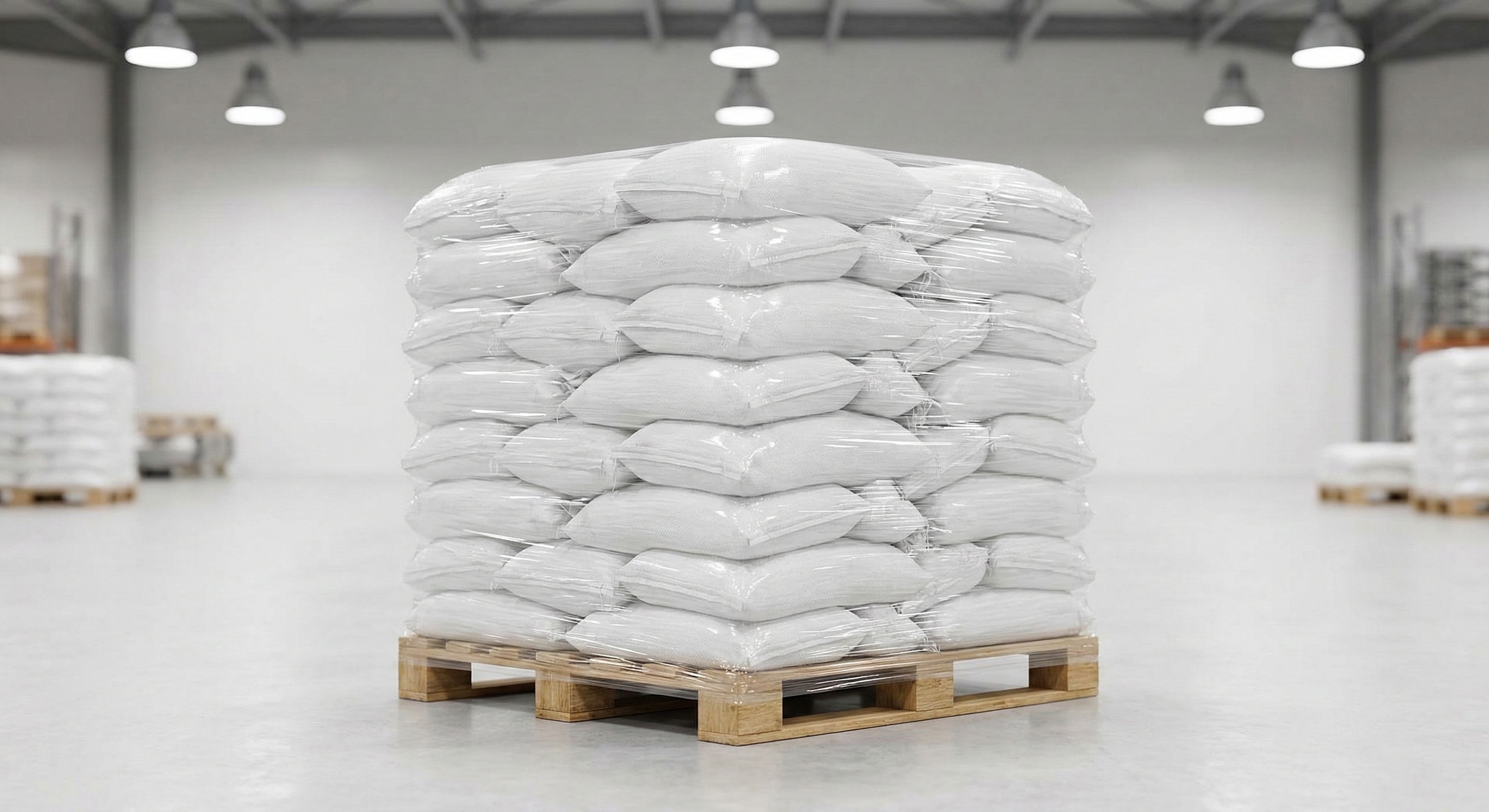 Pallet of bulk sandbags shrink-wrapped and ready for shipping in a warehouse