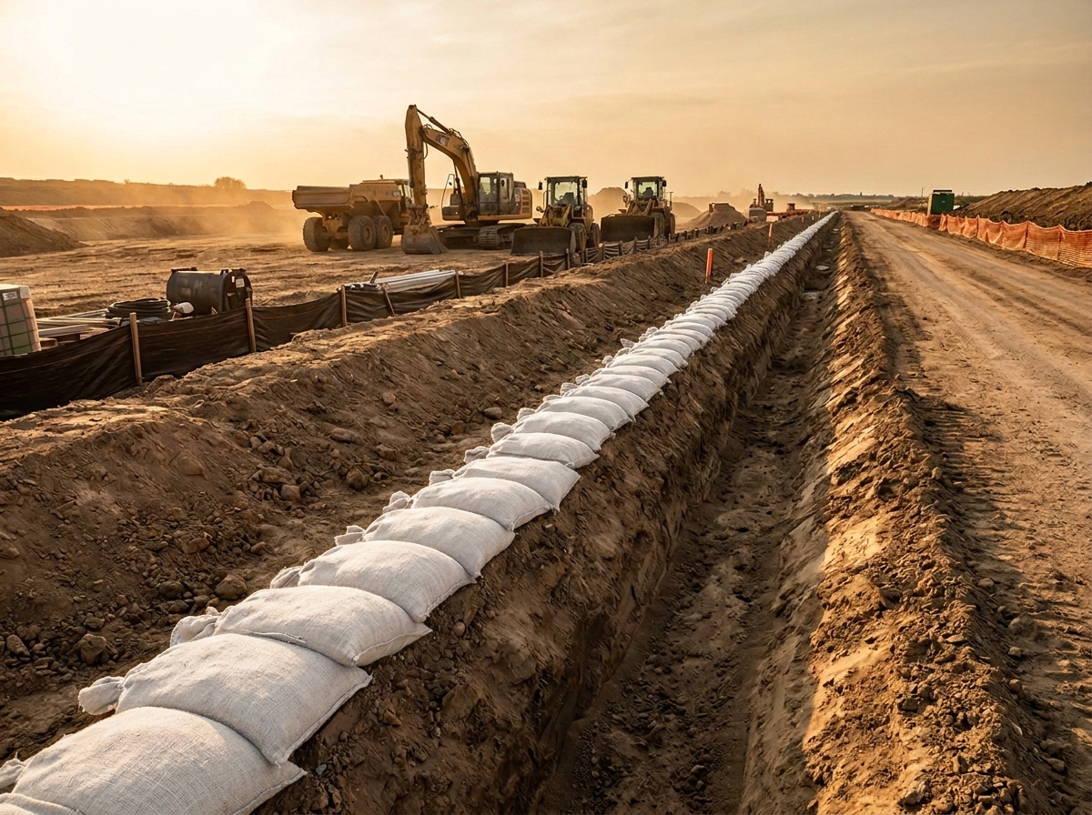 Construction site using sandbags for erosion control along a trench with heavy equipment at sunset