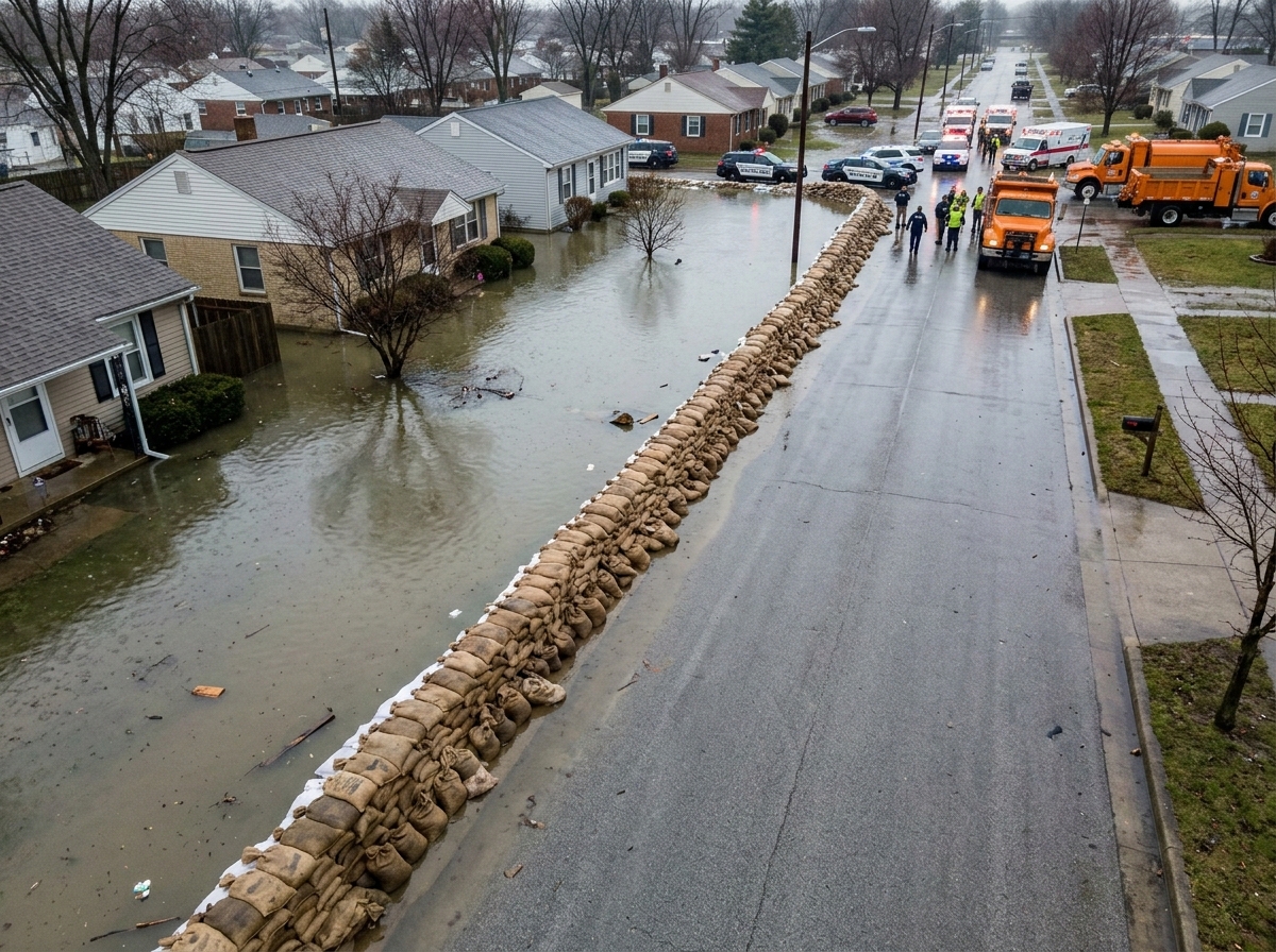 Aerial view of sandbag flood wall protecting a residential neighborhood from rising floodwater